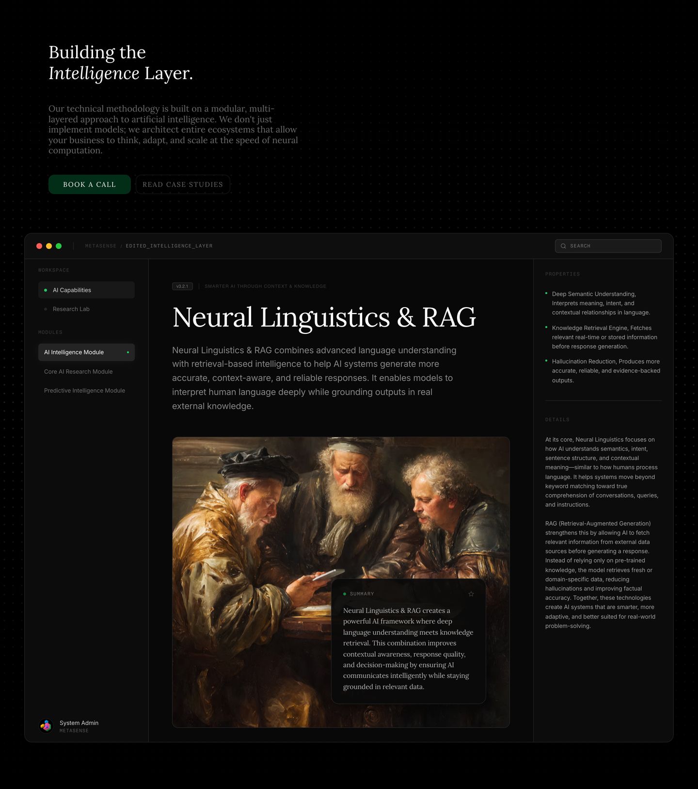 A dark, cerebral feature section pairing classical chiaroscuro painting with sophisticated developer workspace architecture.