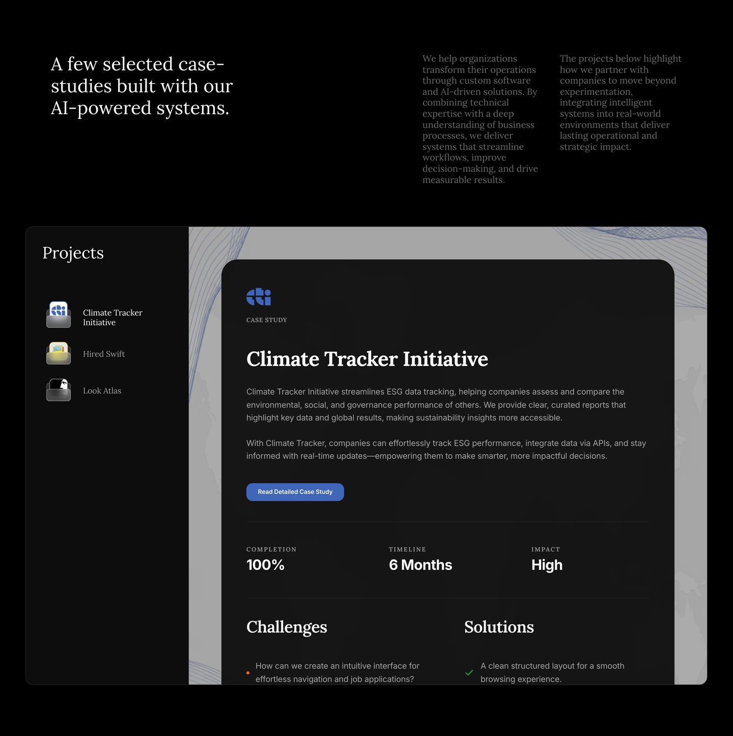 A dark, structured case study showcase combining serif headlines with detailed project metrics and an interactive selector list.