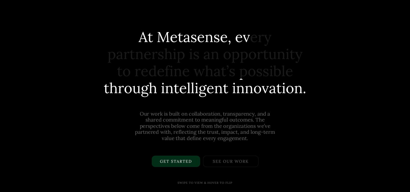 Quiet and elegant dark statement section with refined serif typography, scroll-highlighted copy, and subtle call-to-action buttons.
