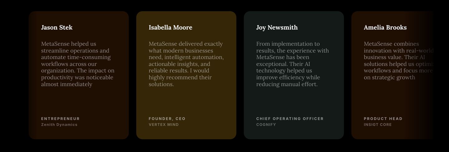 Muted, dark testimonial cards in earthy and charcoal tones create an intimate, sophisticated atmosphere of quiet endorsement.