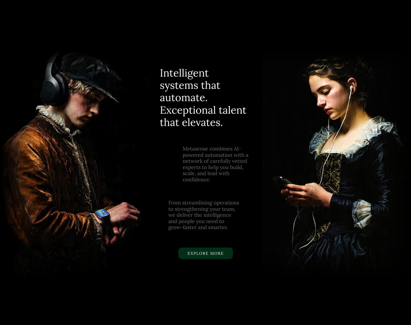 Dramatic chiaroscuro portraits of Renaissance figures wearing modern tech flank an editorial serif statement over pitch black.