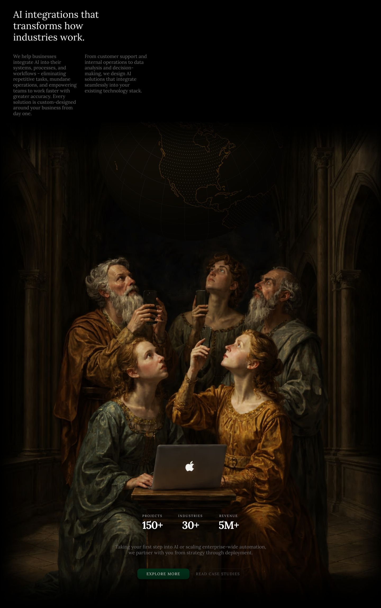 Dramatic chiaroscuro composition merging classical Renaissance oil painting with modern technology to frame AI enterprise capabilities.