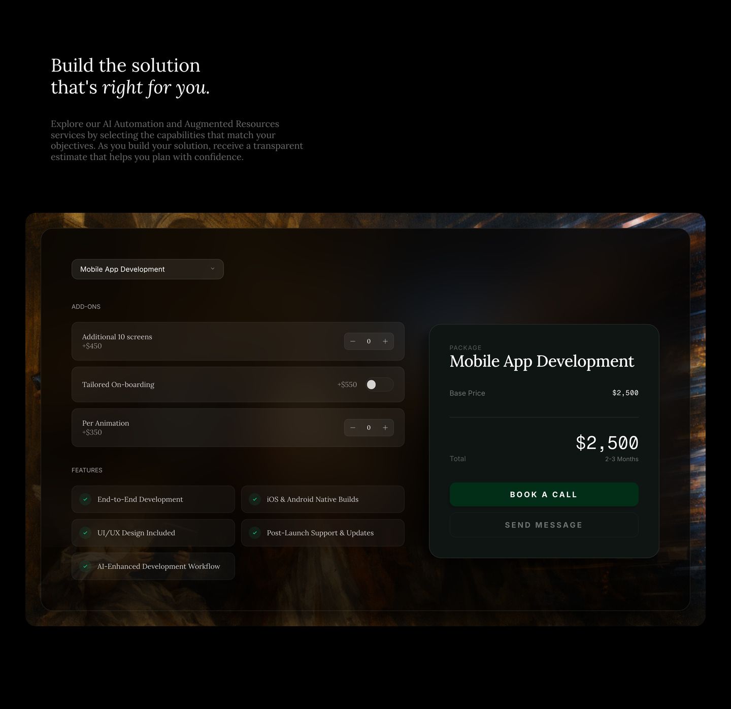 Dark, high-end interactive pricing calculator combining elegant serif typography with a subtle painterly backdrop.