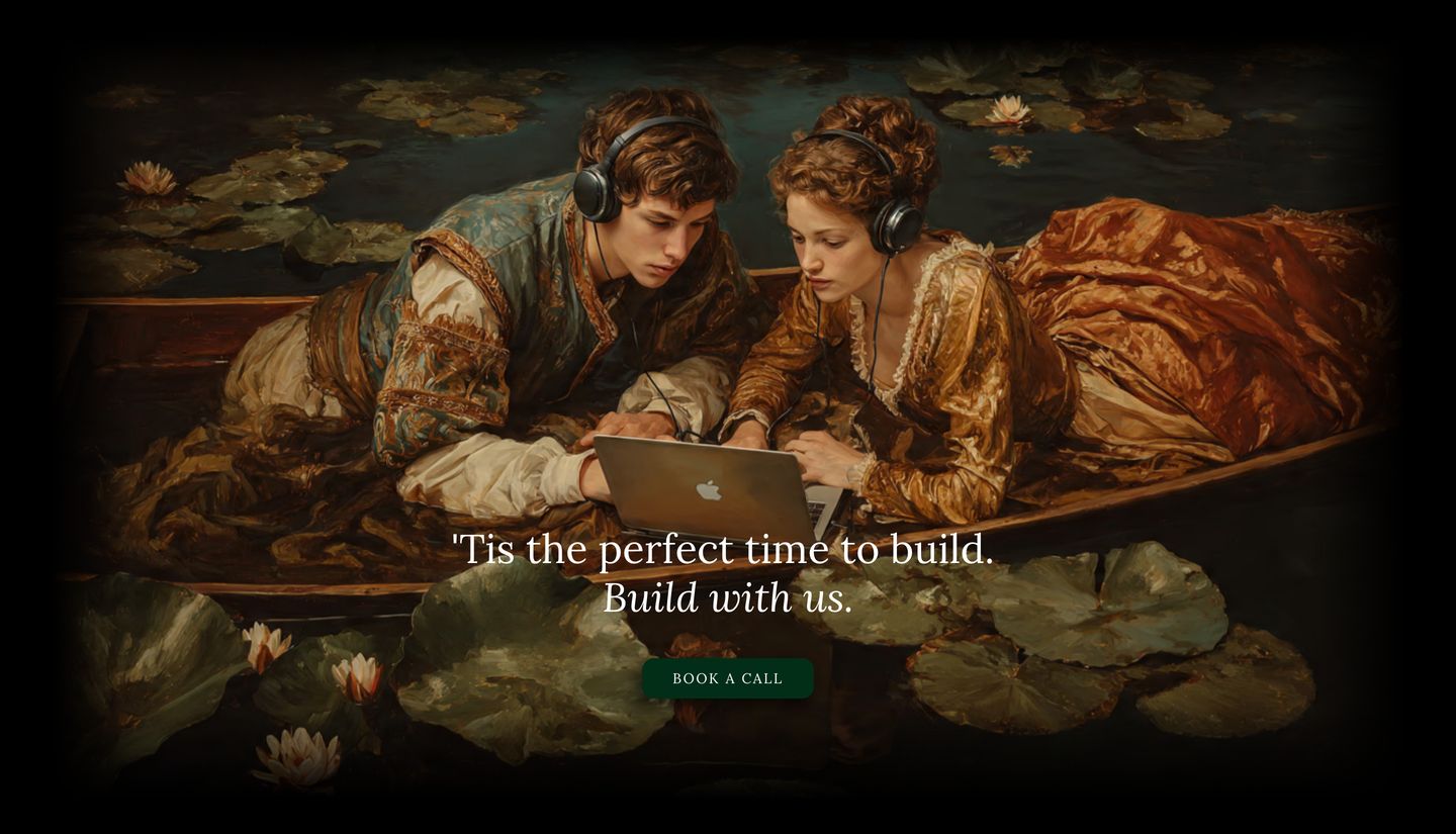 A classical Renaissance-style oil painting of a couple in a rowboat with modern headphones and a laptop creates a witty, gently absurd call to action.