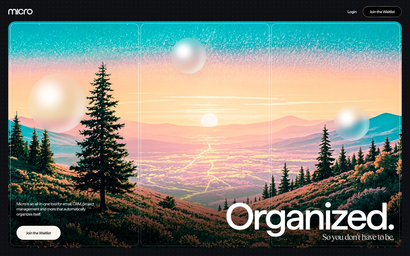 A surreal, dreamy landscape framed inside a rounded triptych card, punctuated by floating pearlescent spheres and bold contrast typography.