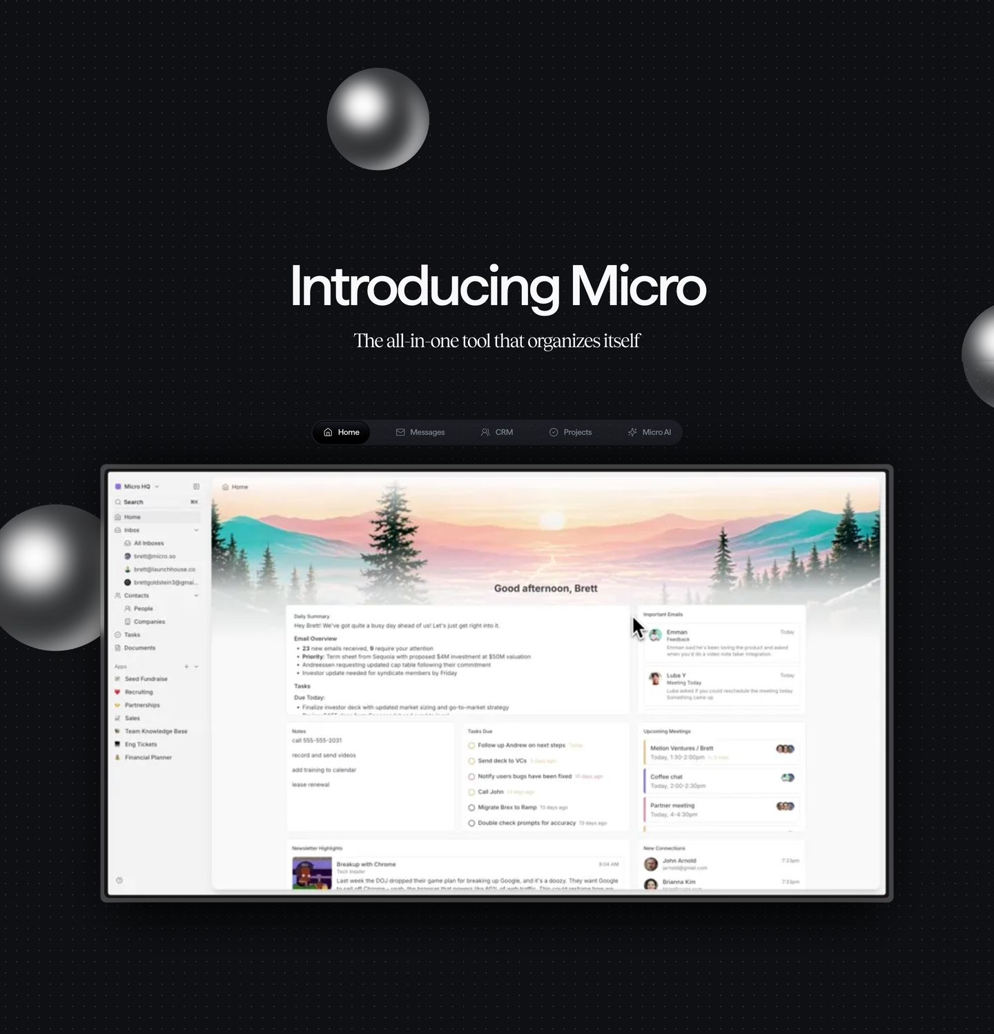 Polished, dark-mode software introduction centered around floating liquid chrome spheres and a bright, detailed desktop application preview.