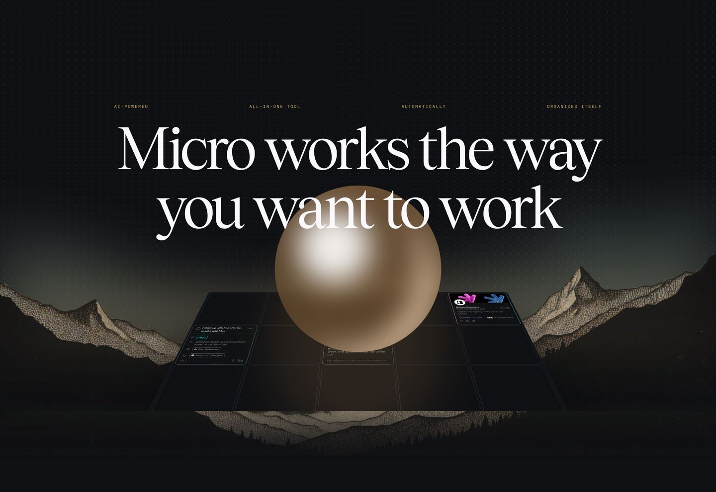 A surreal, dark editorial statement with an oversized serif headline centered over an ethereal metallic sphere and illustrated mountain horizon.