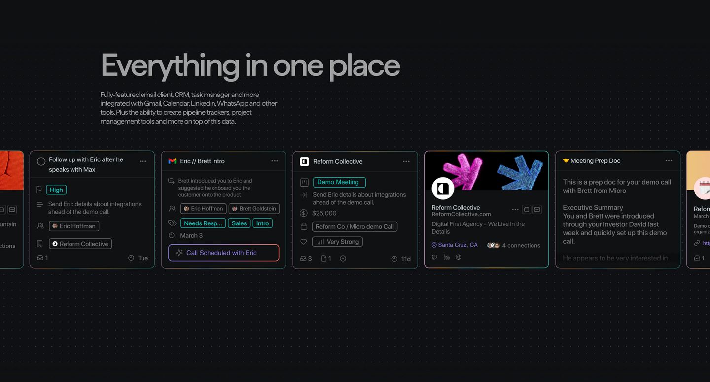 Sleek and precise dark-mode product showcase displaying modular workspace cards across a subtle dotted matrix.