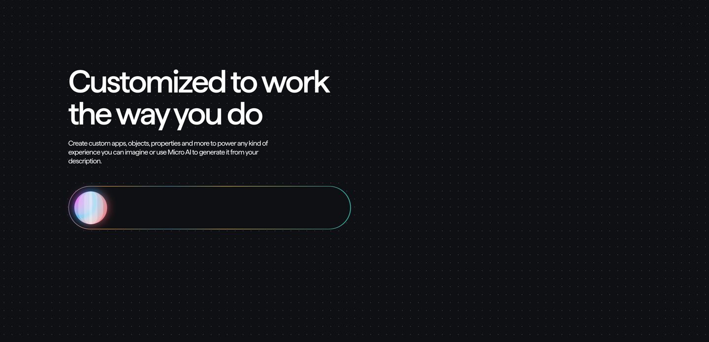 Spacious dark feature section anchored by crisp typography and an iridescent glowing toggle against a subtle dot grid.