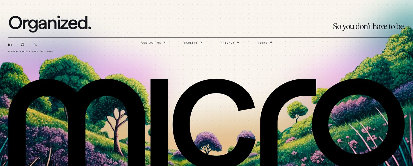 Surreal pastoral footer blending oversized typography with an illustrated rolling landscape and technical dot-grid details.