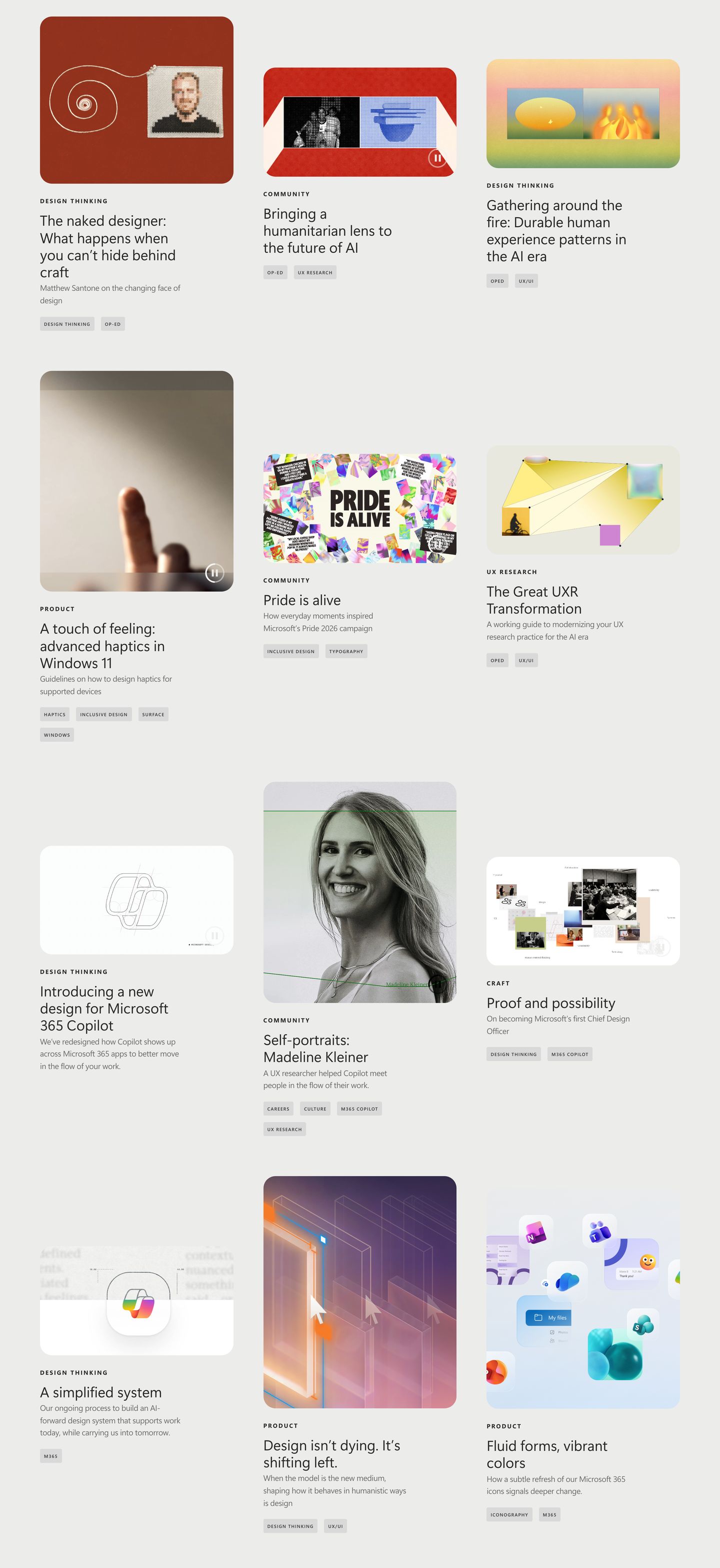 An expansive, thoughtful editorial showcase presenting design essays and case studies through varied multimedia cards across an unhurried modular grid.