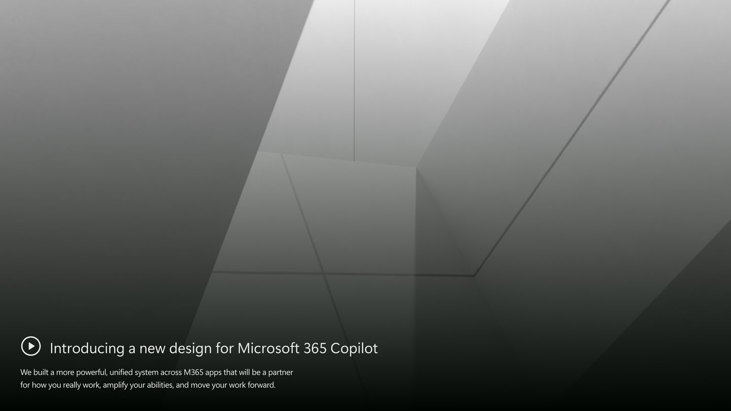 Monochromatic and quietly monumental, pairing soft architectural lighting with discreet lower-third text and a subtle play trigger.