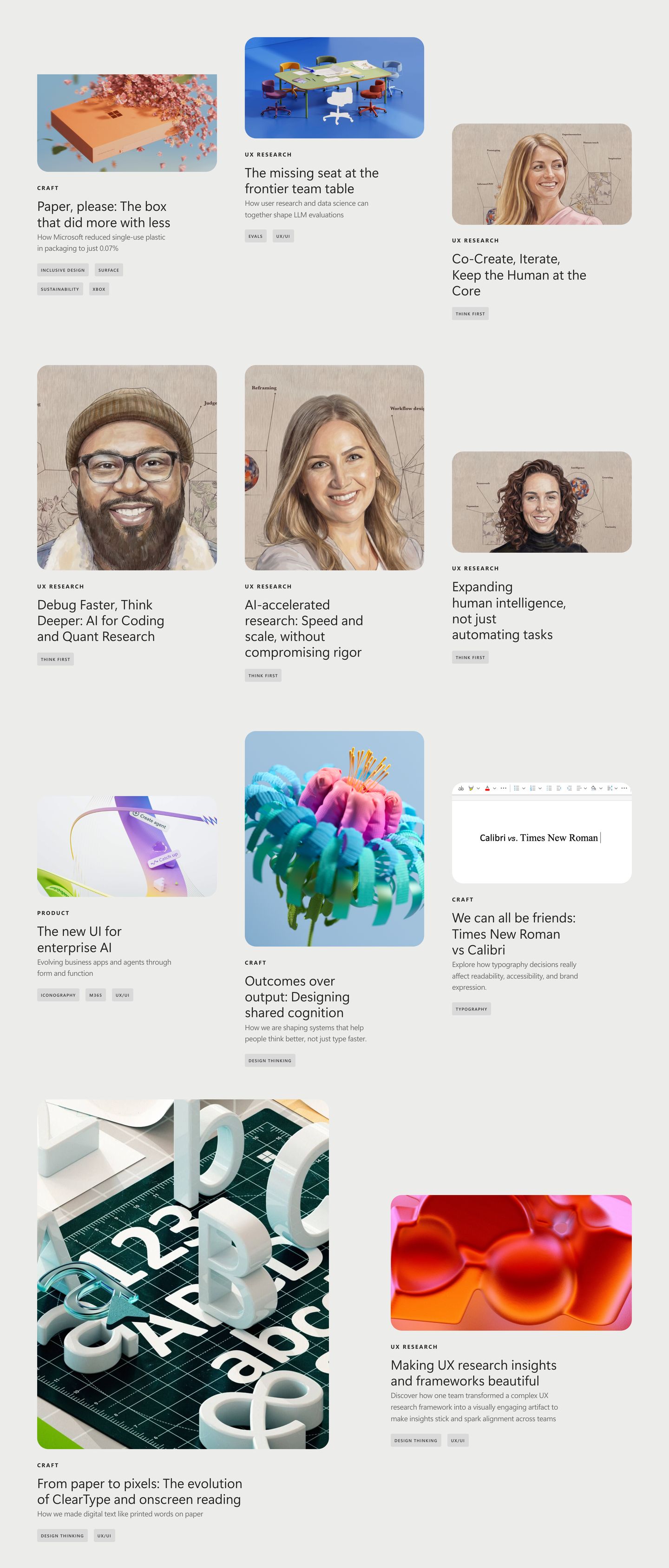 A spacious editorial masonry grid of design research case studies paired with expressive 3D visuals and illustrated portraits on a warm neutral canvas.