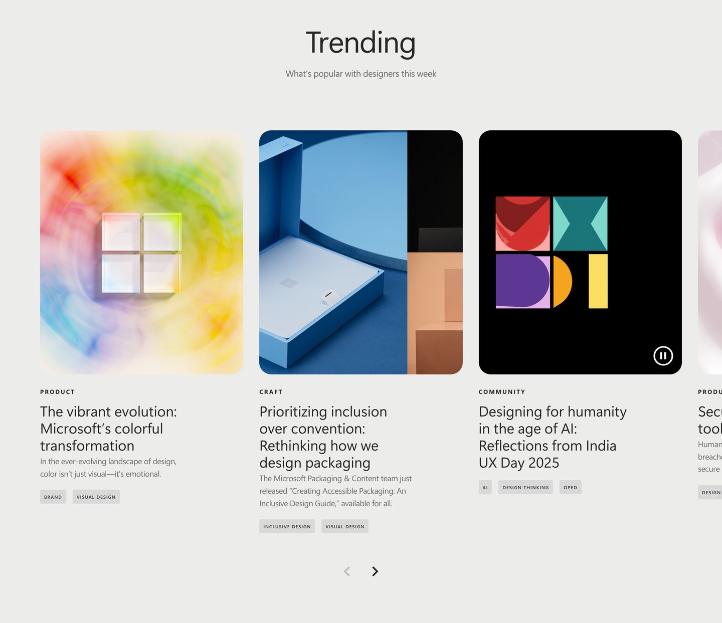 Clean, airy editorial carousel presenting design stories with rich visual thumbnails and subtle pill tags against a soft neutral background.