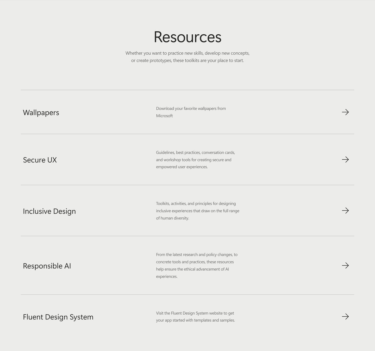 Spacious and quiet resource directory presented as an airy three-column list with fine divider lines and muted neutral tones.