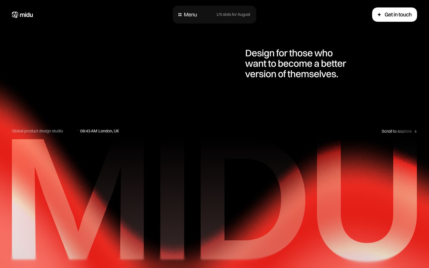 Deep black atmosphere anchored by massive glowing red gradient typography and restrained, confident studio positioning.