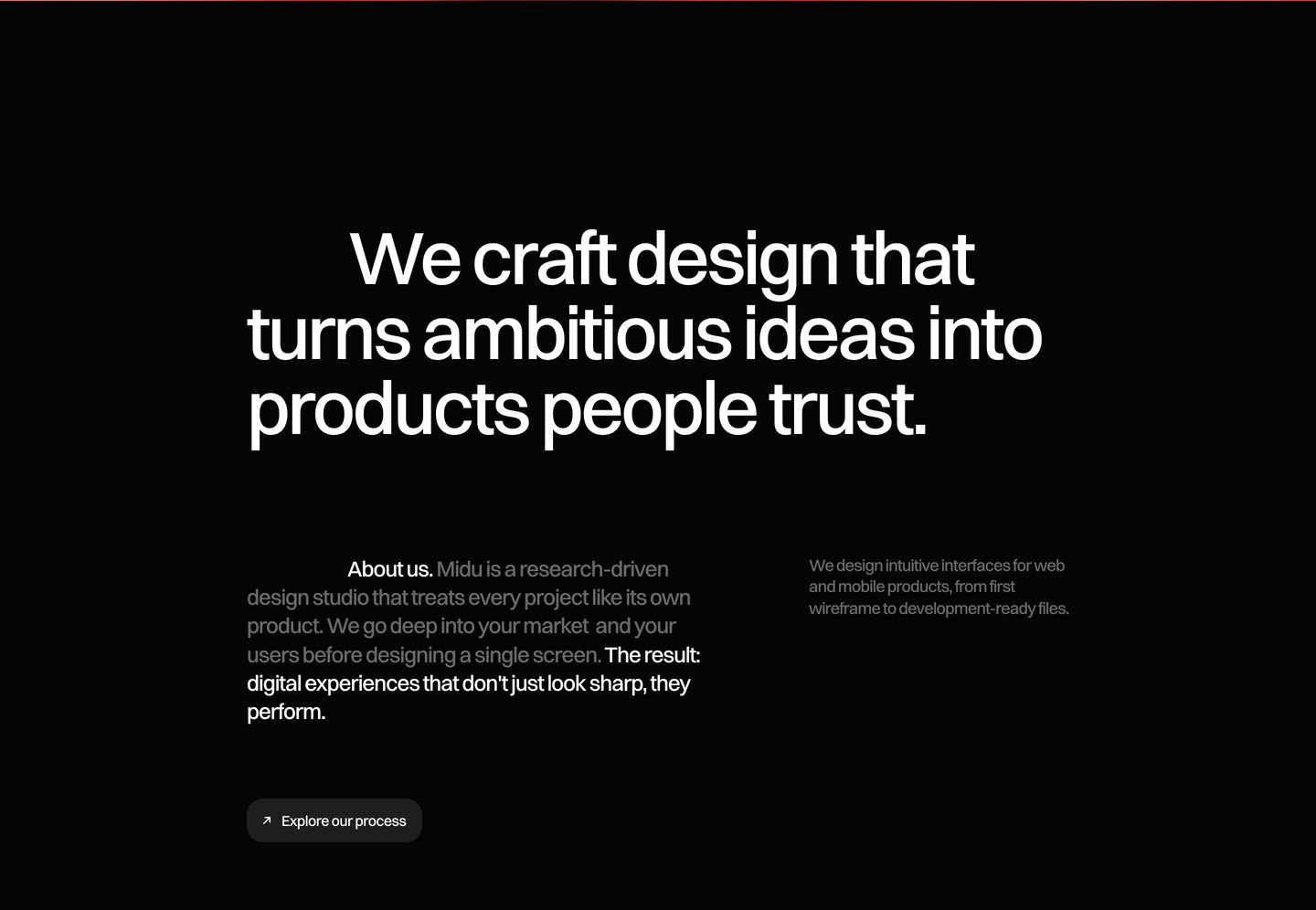Austere, high-contrast dark hero relying strictly on balanced grotesque typography and generous whitespace to convey studio authority.