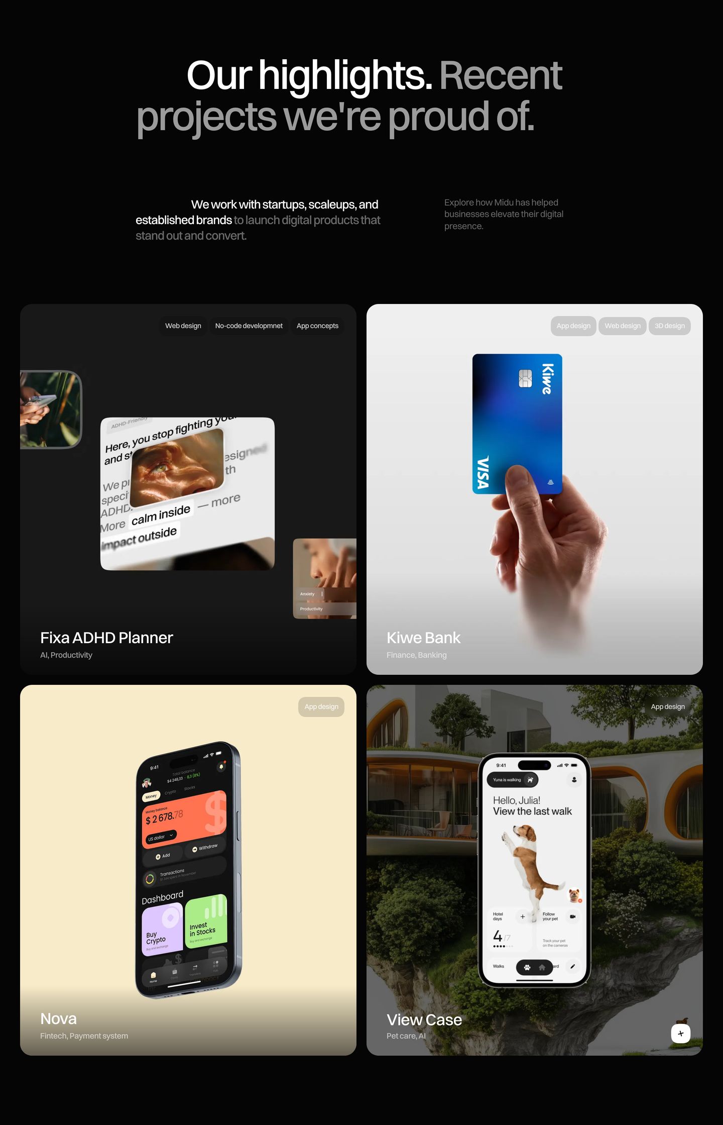 A sleek dark agency portfolio showcase presenting digital product case studies in rounded cards with tactile UI mockups.