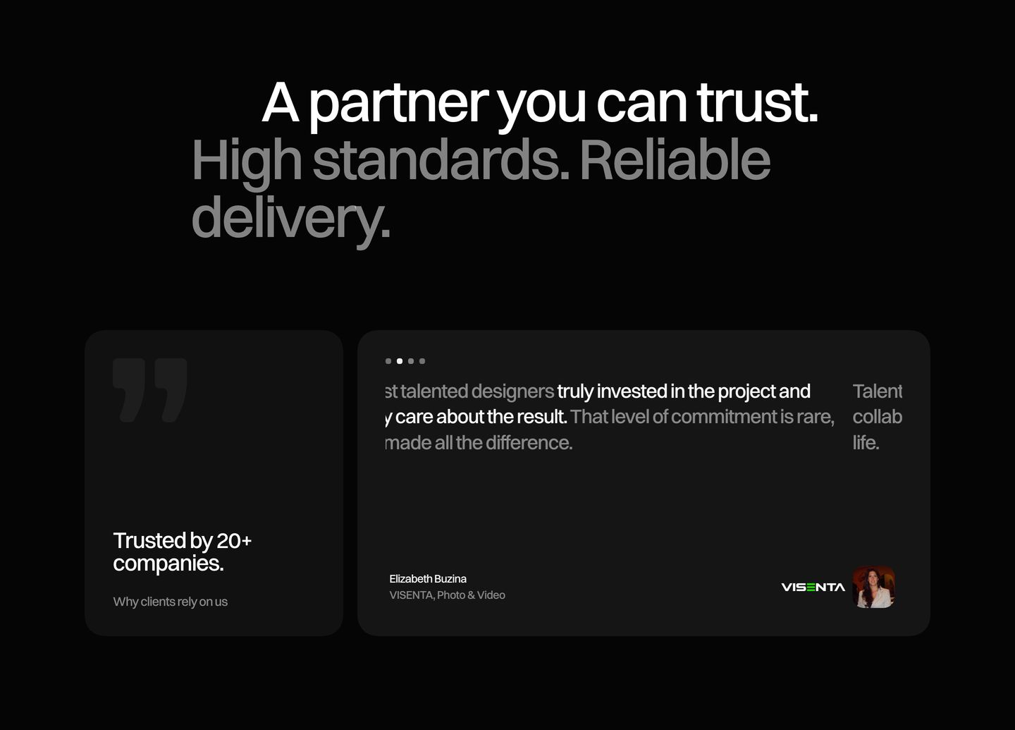 Understated dark social proof section pairing clean headline typography with rounded testimonial cards for a calm, trustworthy presence.