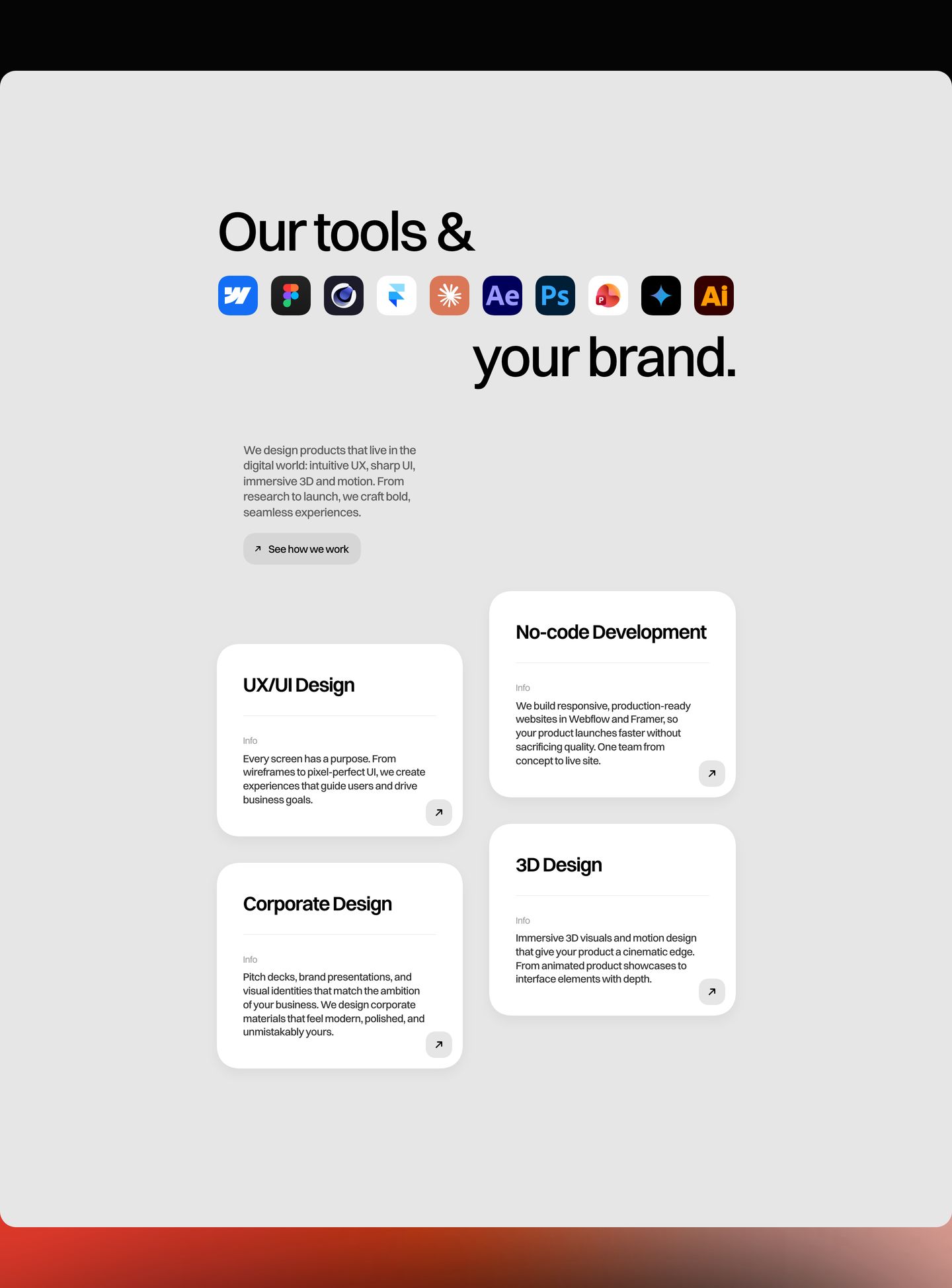 Airy light-mode capabilities grid featuring rounded service cards offset beneath a typographic headline integrated with colorful software badges.