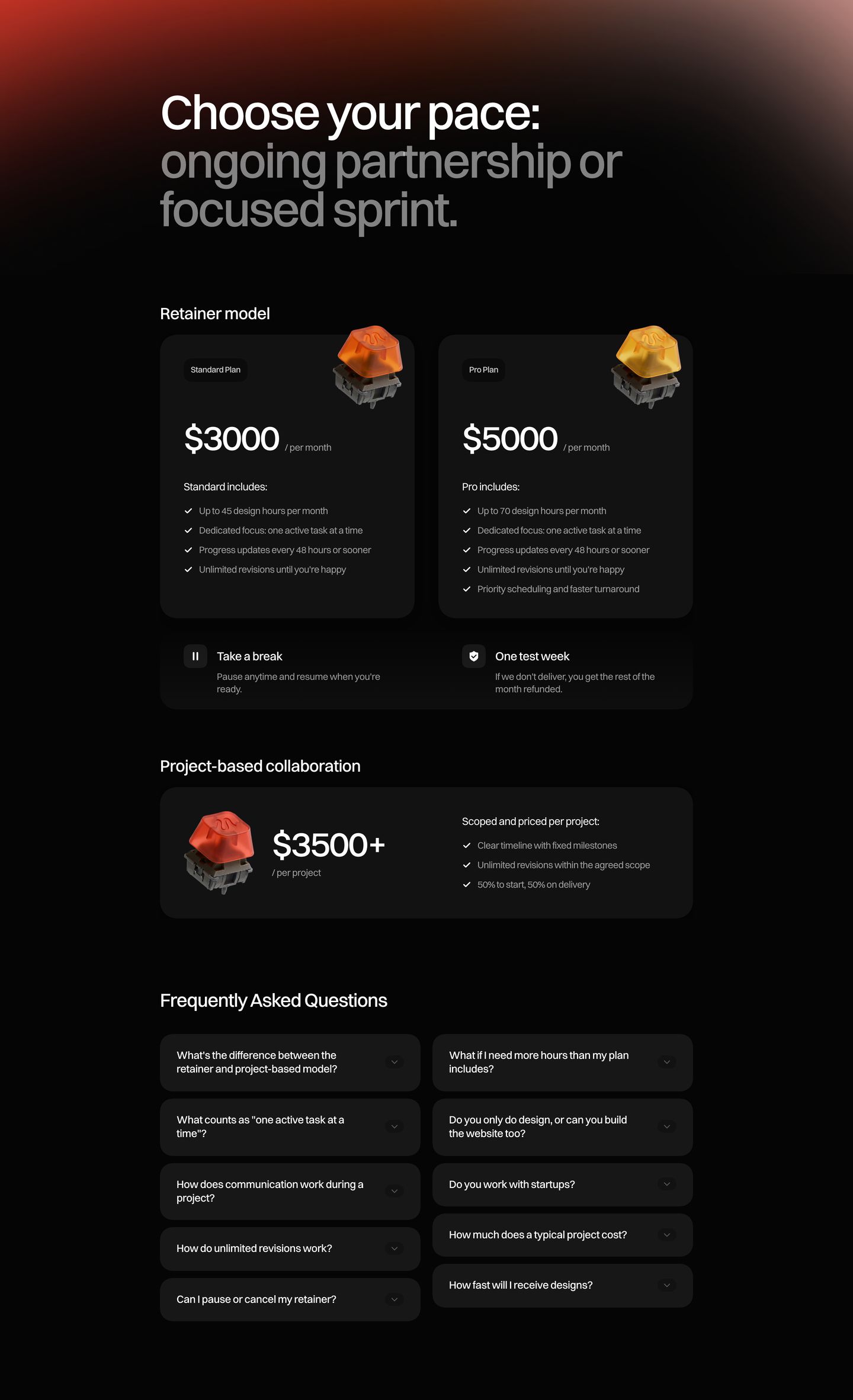 Sleek dark-mode pricing suite pairing tactile 3D mechanical switch artifacts with balanced tier cards and accordion FAQ.