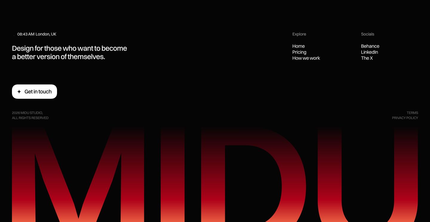 Dramatic dark agency footer anchored by a massive glowing red brandmark cropped along the bottom edge.