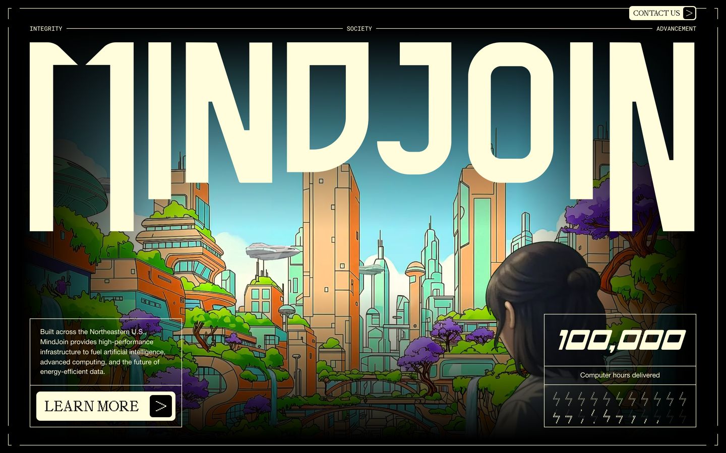 Retro-futuristic solarpunk anime hero featuring massive display typography wrapping around an illustrated utopian cityscape.