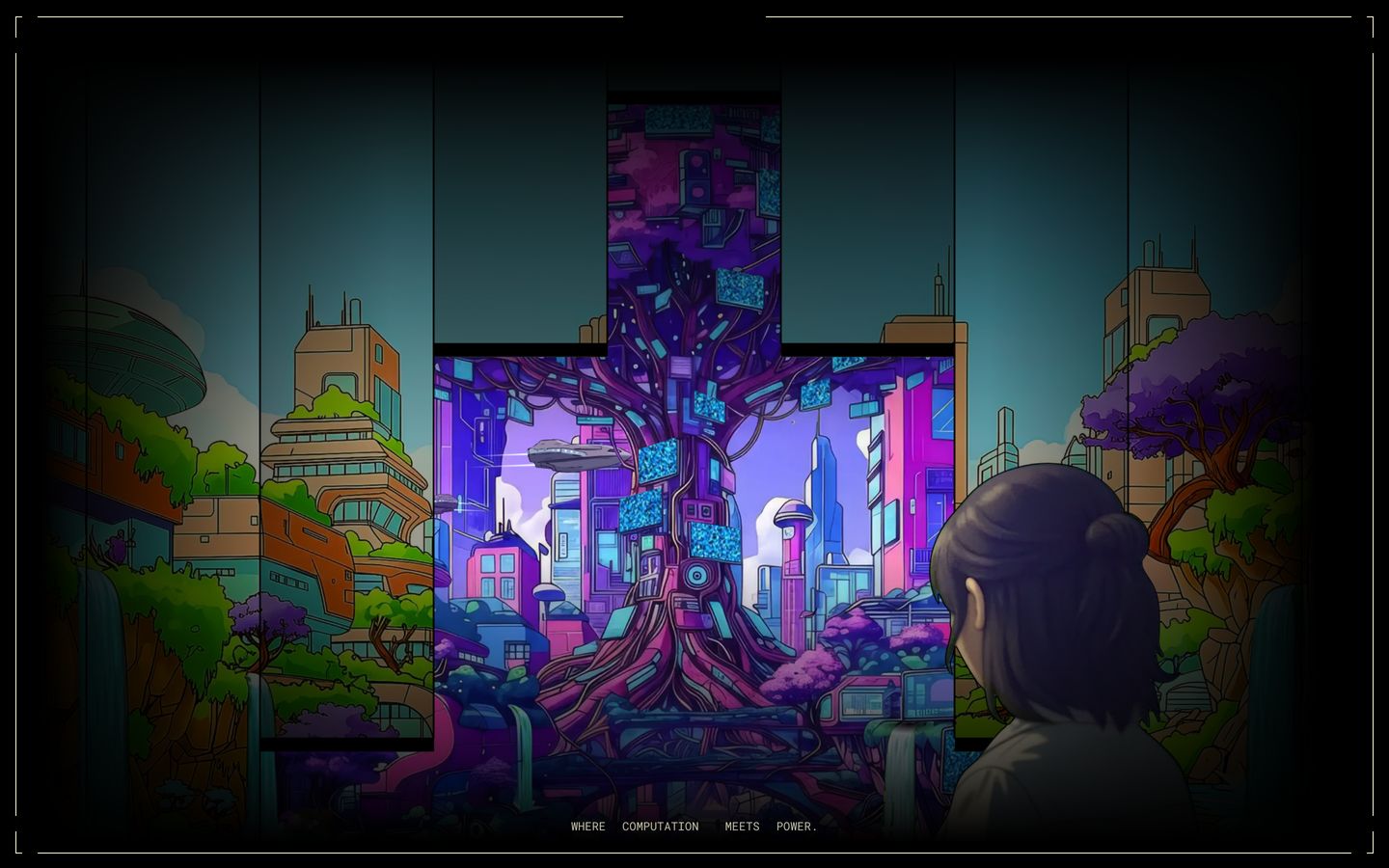 An enigmatic cinematic illustration reveals a glowing cyber-organic metropolis through a dark geometric viewfinder.