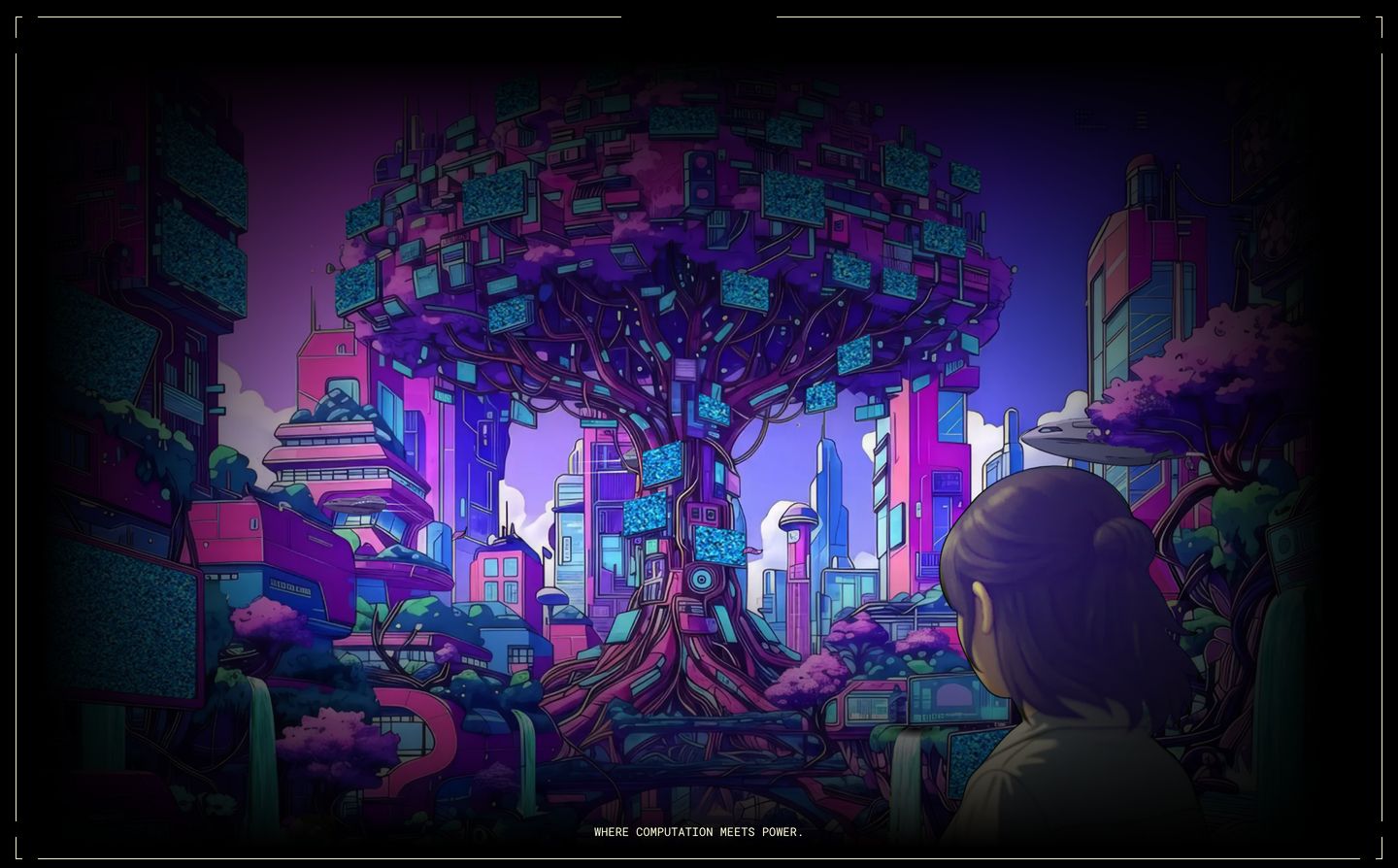 A rich cyberpunk anime illustration framed within a dark sci-fi HUD viewfinder, anchored by a single monospace statement.