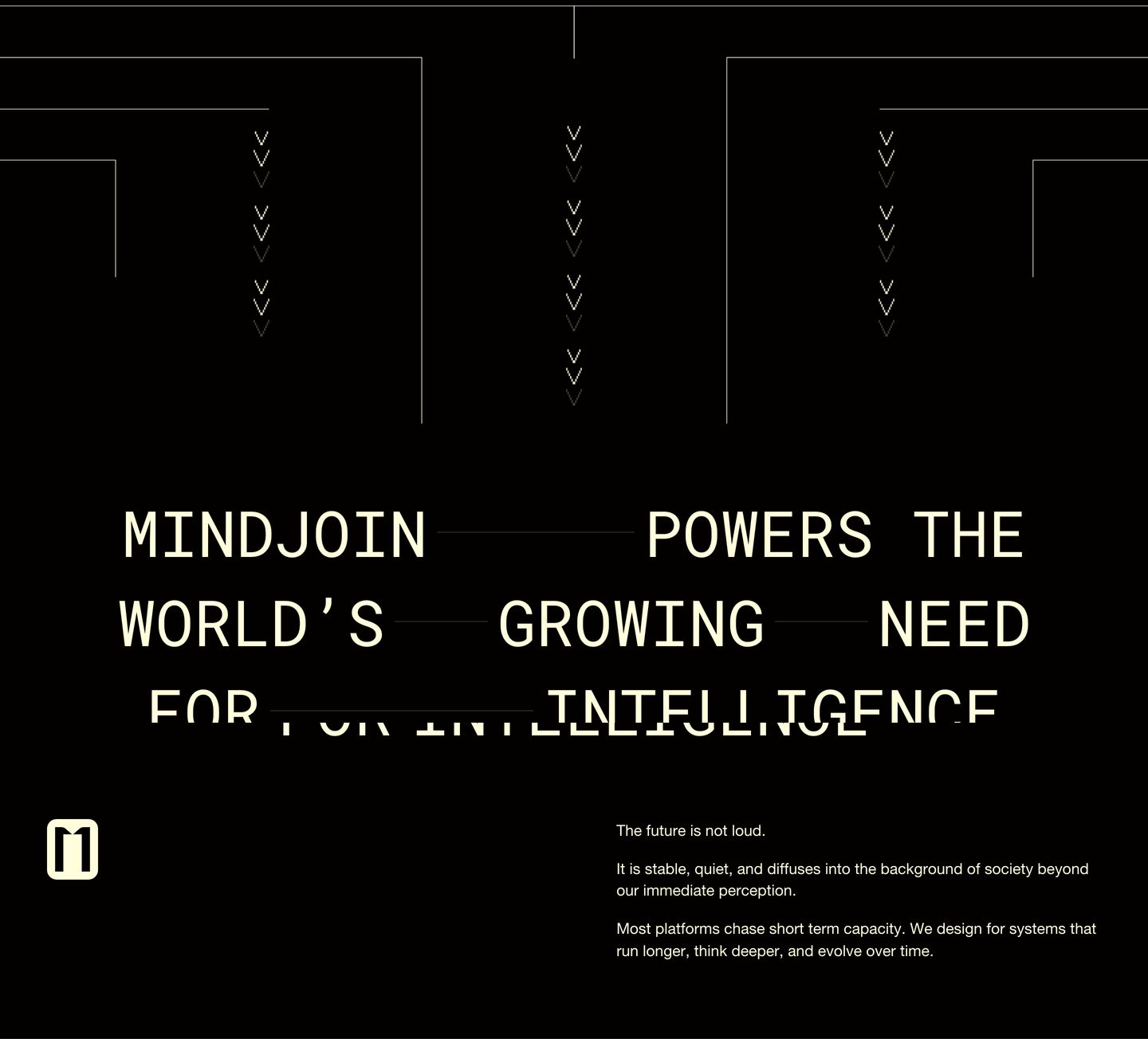 An enigmatic dark statement section combining schematic vector lines with fragmented monospace typography and quiet philosophical copy.