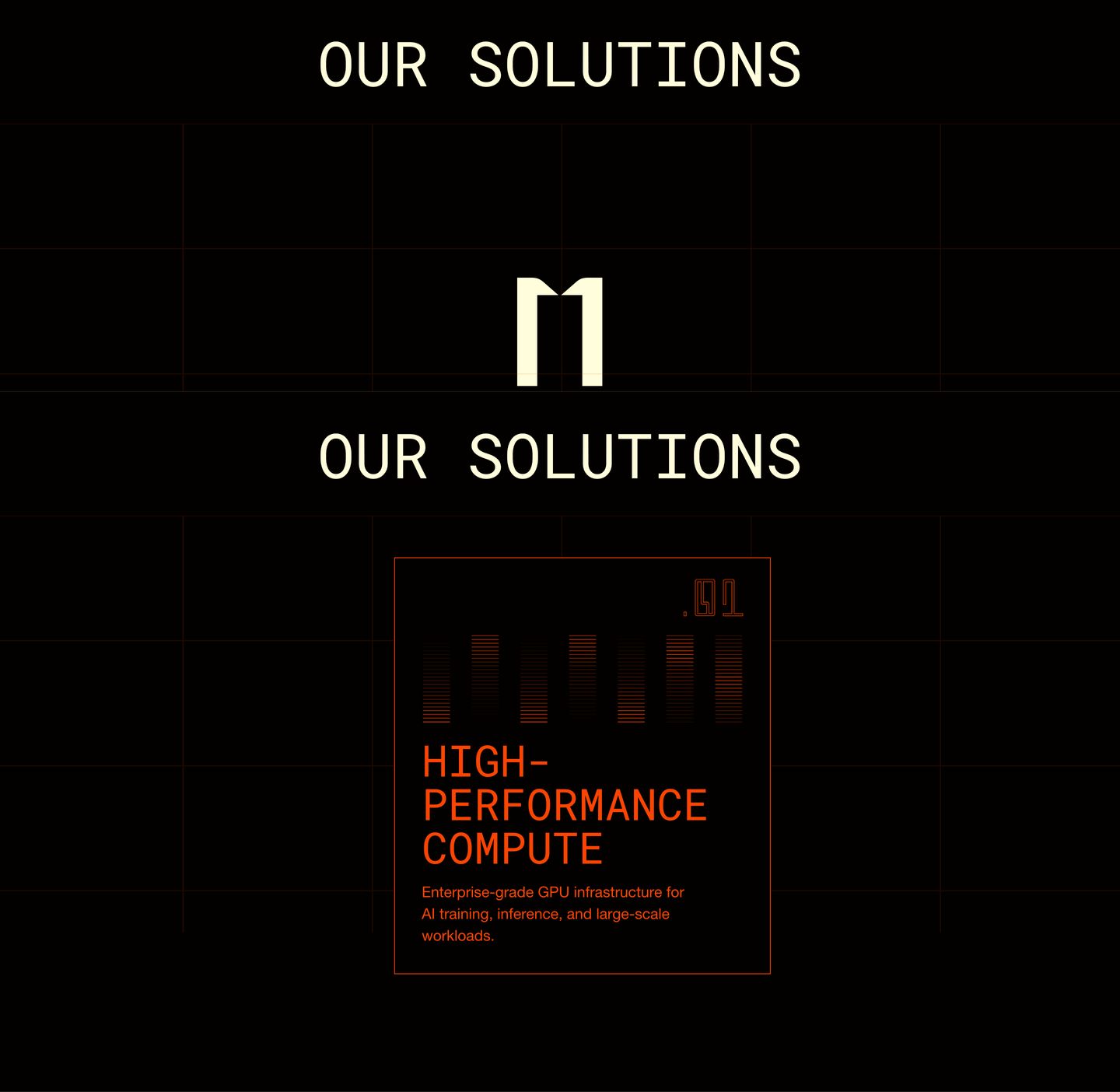 A dark cyberpunk technical feature card floats on a subtle wireframe grid with stark typography and neon orange accents.
