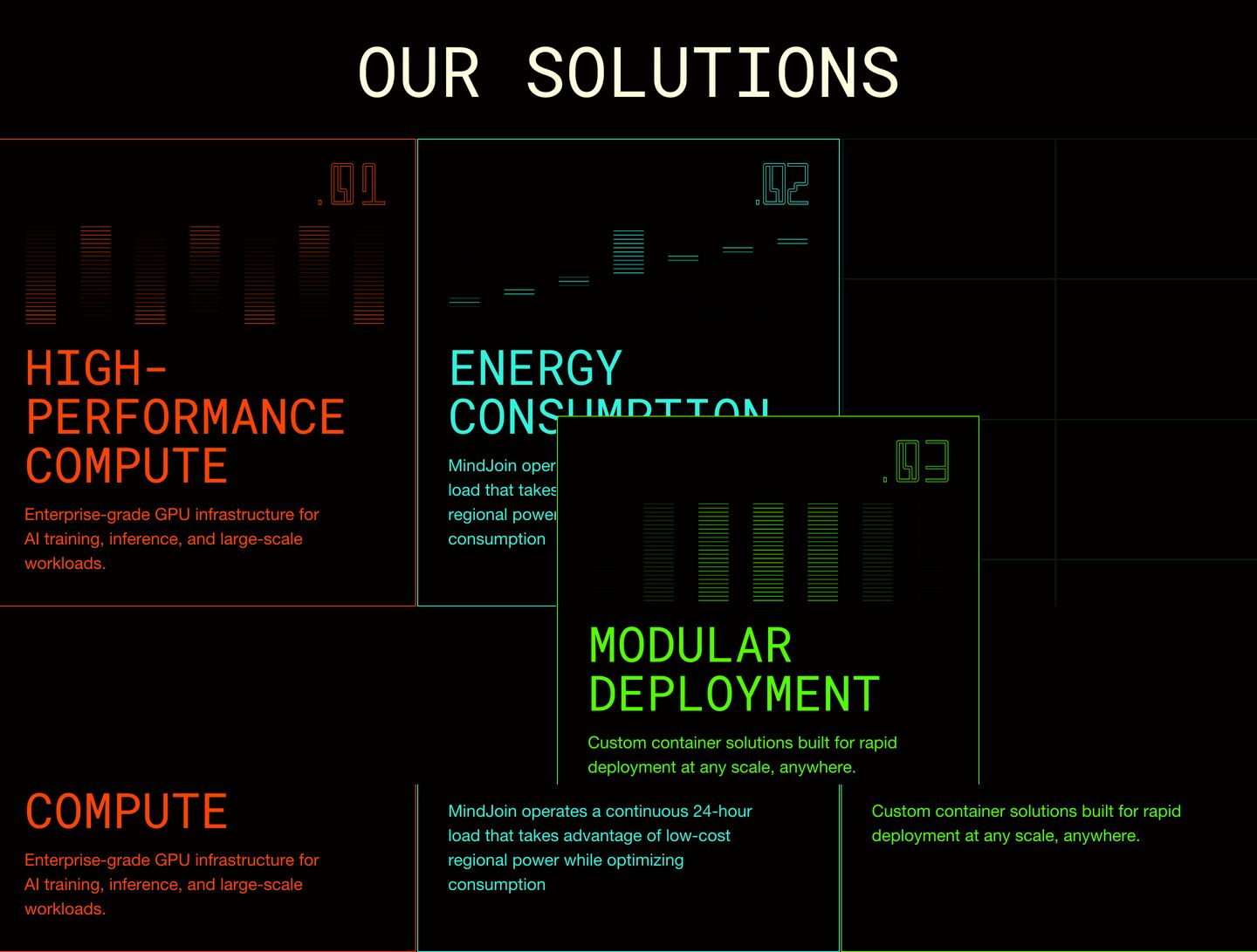A dark, cybernetic matrix of overlapping neon wireframe cards showcasing infrastructure capabilities with harsh technical precision.