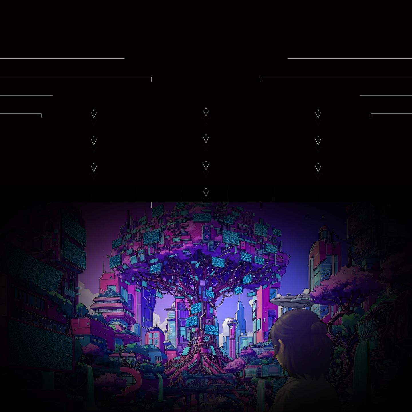 A moody cyberpunk narrative scene featuring an intricate glowing digital tree beneath a vast void of minimalist tech glyphs.