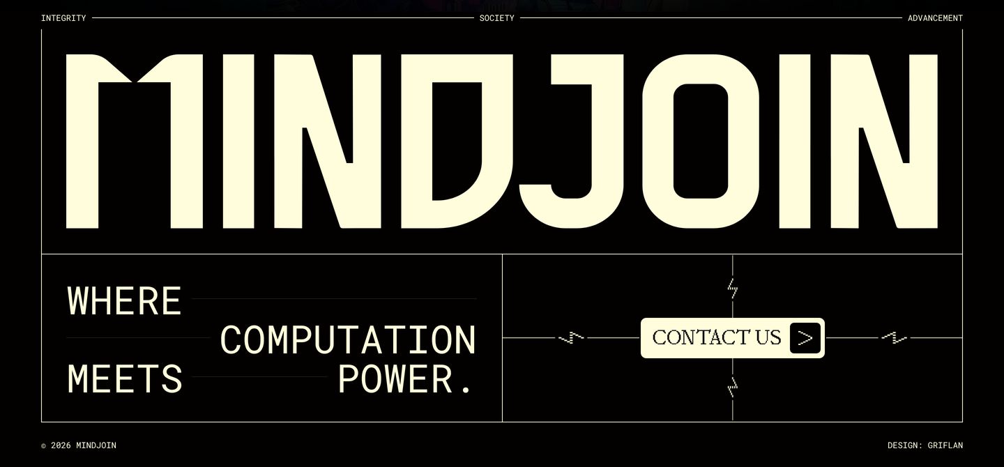 A brutalist closing footer dominated by an immense geometric logotype framed within hairline technical wireframe grids and electric symbols.