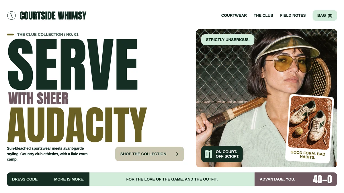 Courtside Whimsy, a moodboard for vintage-inspired luxury courtwear and tennis apparel