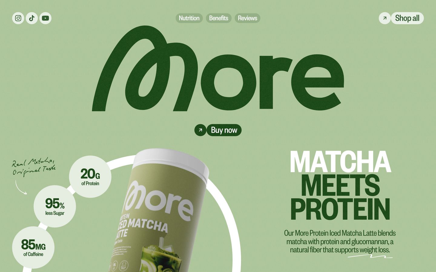 Earthy and fresh matcha-green hero section pairing playful oversized typography with a centered product bottle and radial nutrition callouts.