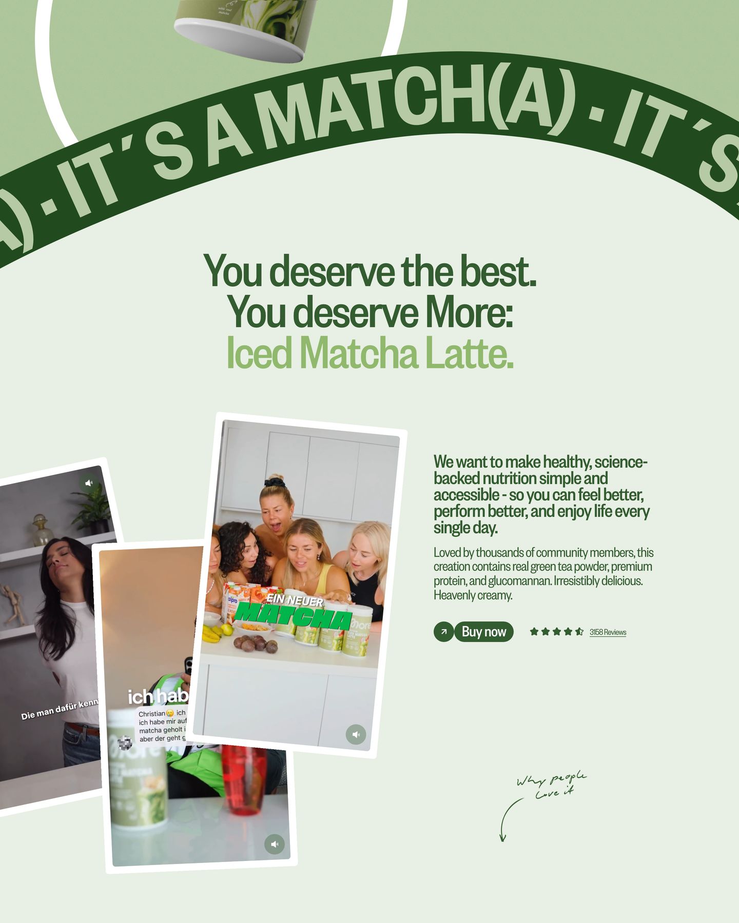 Fresh and spirited matcha promotional hero blending UGC smartphone video cards with bold condensed typography in leafy green hues.