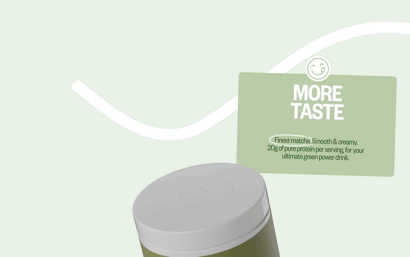 Gentle matcha-toned feature section pairing clean packaging 3D renders with a tilted card and organic curves.