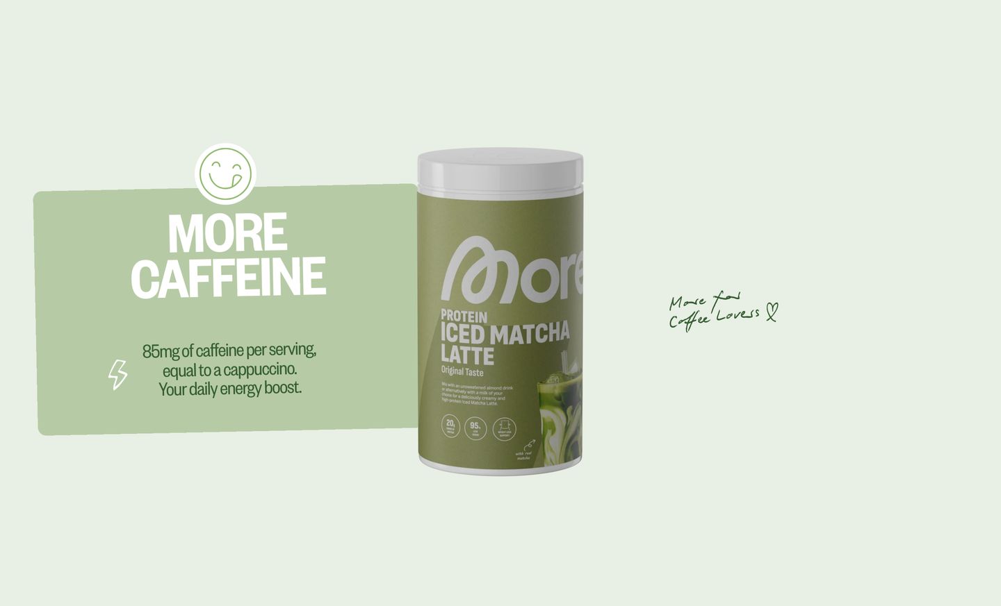Fresh and playful matcha benefit spotlight pairing a 3D product tub with a floating sage green card and handwritten script.