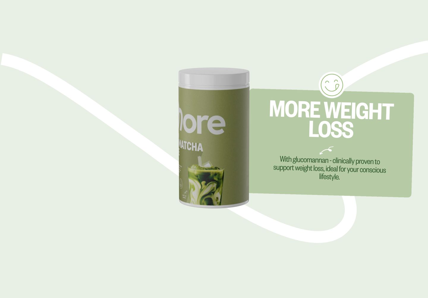 A light and soothing health product highlight pairing 3D packaging with a soft green benefit card along a flowing graphic path.