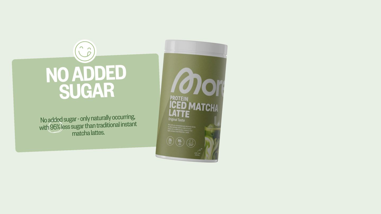Playful and fresh product feature spotlighting health benefits with a tilted card, friendly badge, and soft matcha-green tones.