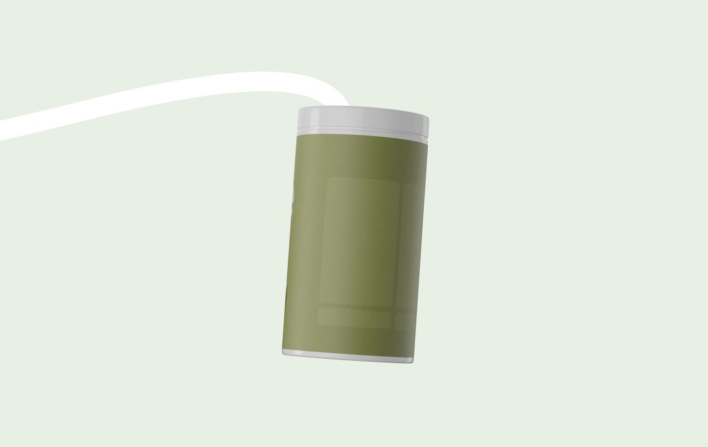 Quiet, floating 3D canister product visual set against a calm, pale sage backdrop with a sweeping white trail.