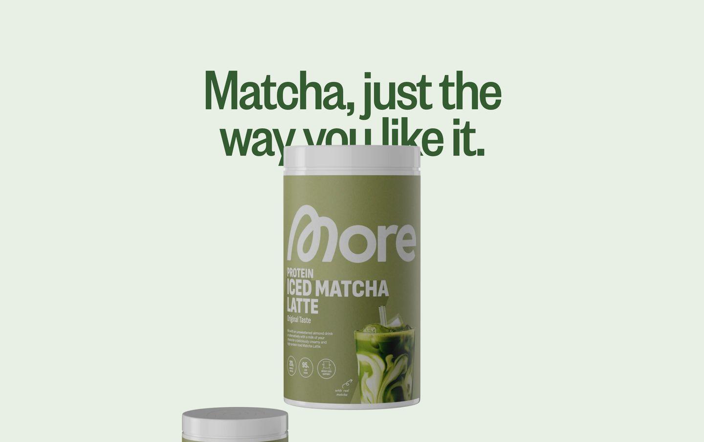 A calm, matcha-toned statement section layering bold condensed typography behind a 3D product canister.