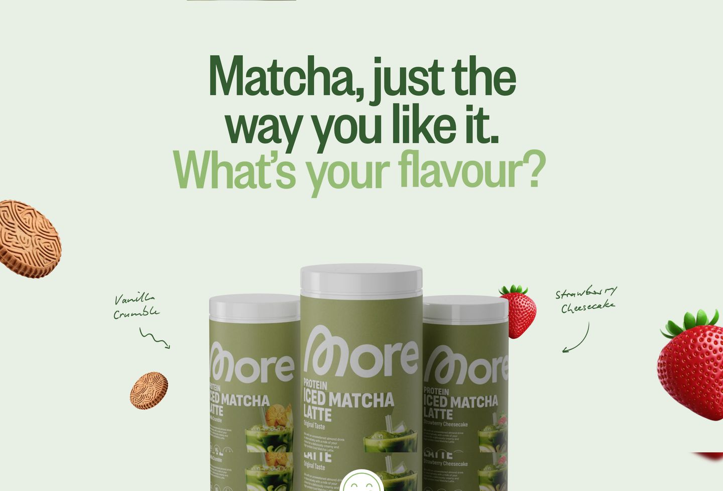 Fresh and playful matcha product lineup featuring tall condensed typography, floating flavor ingredients, and casual handwritten annotations on a soft green background.