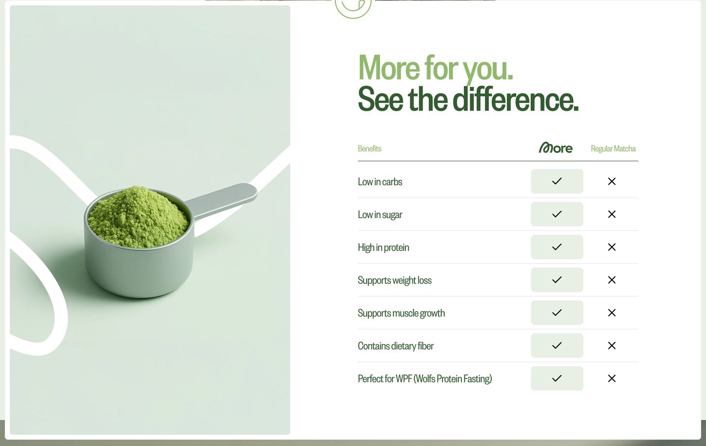 Clean, healthy minimalist comparison layout featuring a scoop of green matcha powder beside a structured benefits table.