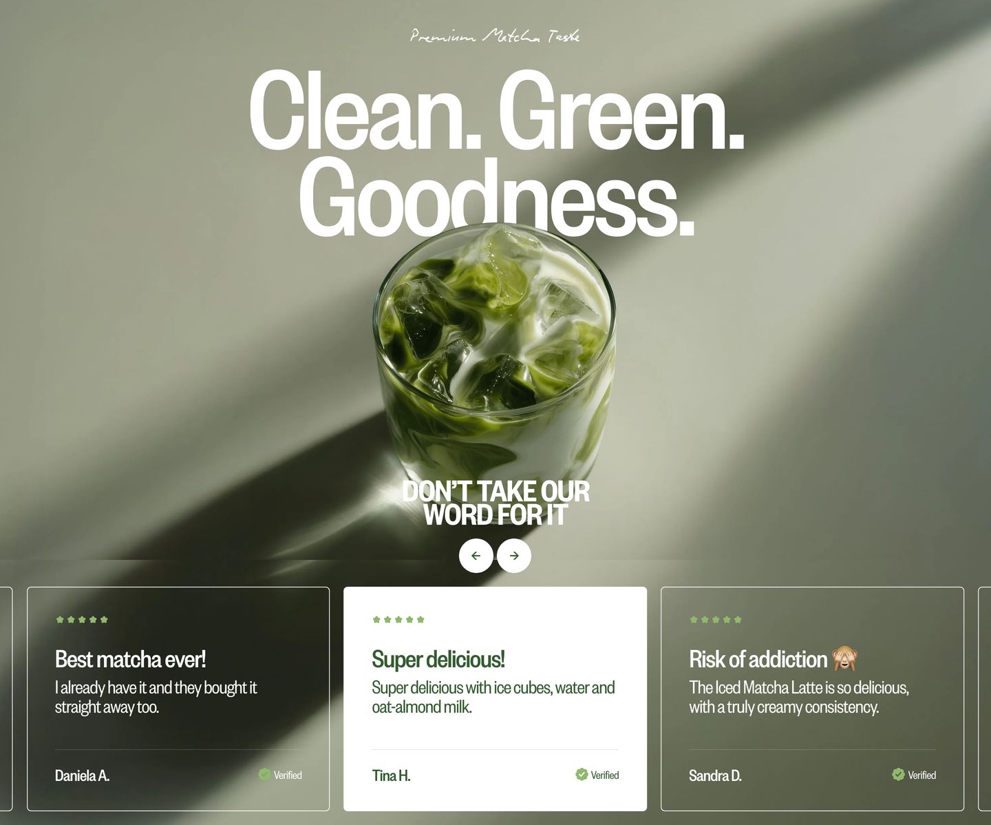 Crisp natural sunlight and creamy matcha photography create an earthy, refreshing, and appetizing customer review showcase.