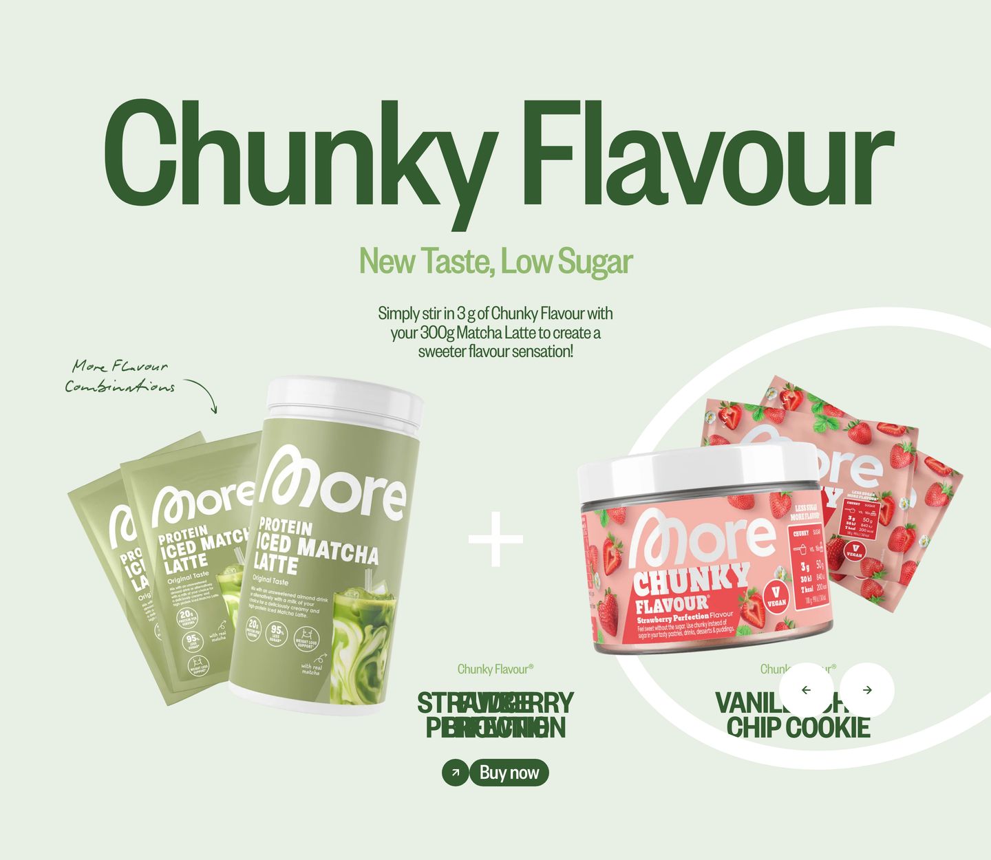 Fresh, playful supplement feature pairing matcha latte with chunky flavour powder against a soft sage background.