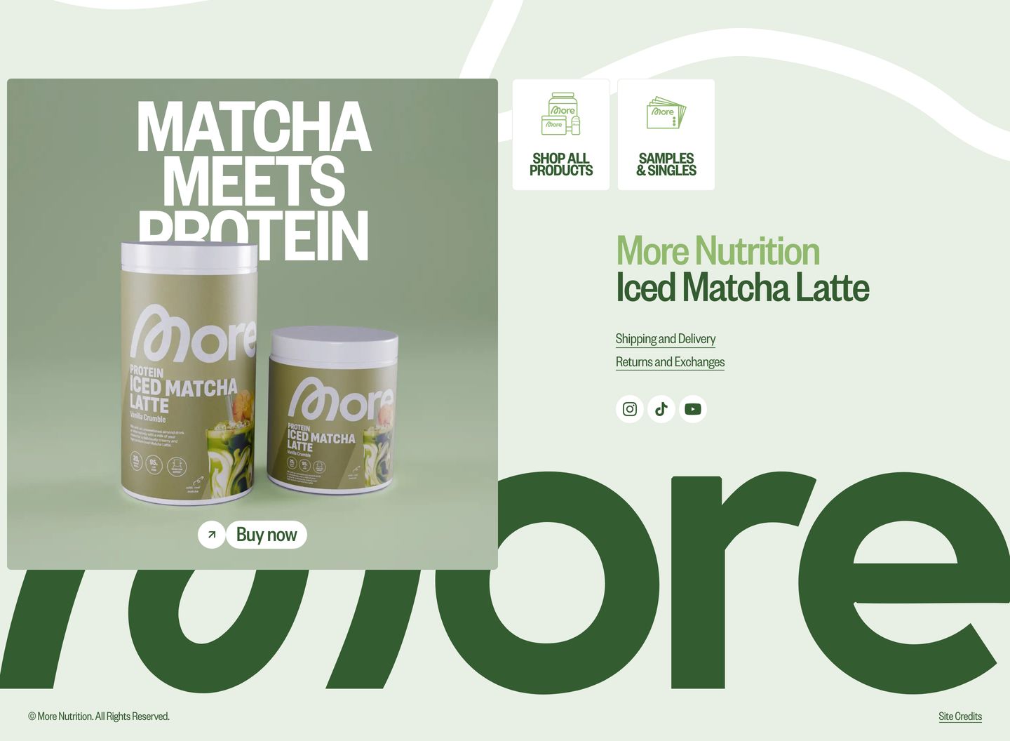 Earthy green tones frame a layered matcha product showcase resting over an oversized brand logotype and minimal footer links.