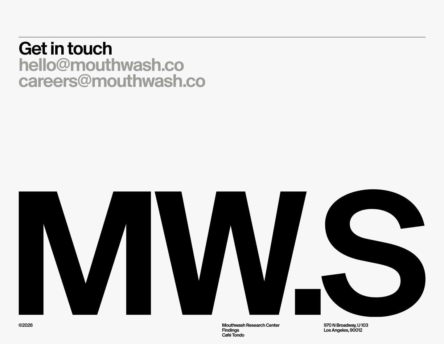 Austere Swiss-style footer featuring monumental typographic initials beneath understated contact links and quiet whitespace.