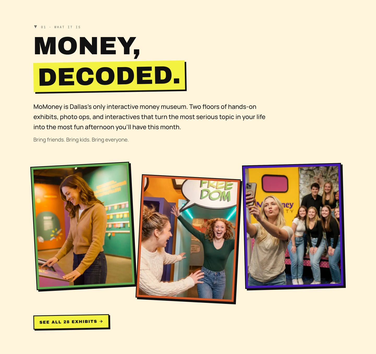 Energetic and punchy pop-editorial feature section with thick-bordered, tilted photo cards and a bright highlighter-yellow accent.